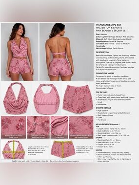 Hand Crafted Pink Beaded & Sequin Halter Top and Shorts Set